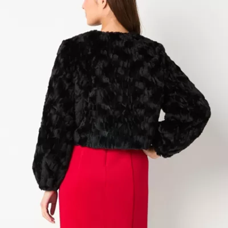 Perceptions Faux Fur Womens Round Neck Long Sleeve Shrug