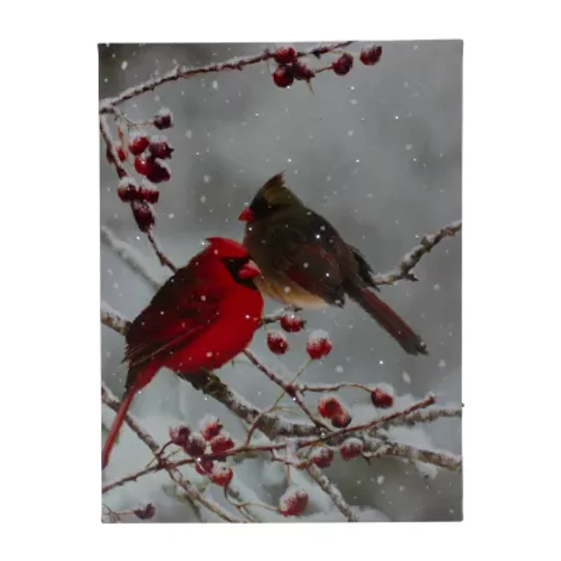 Northlight Lighted Red Cardinals And Berries Canvas 15.75in X 11.75in Canvas Art