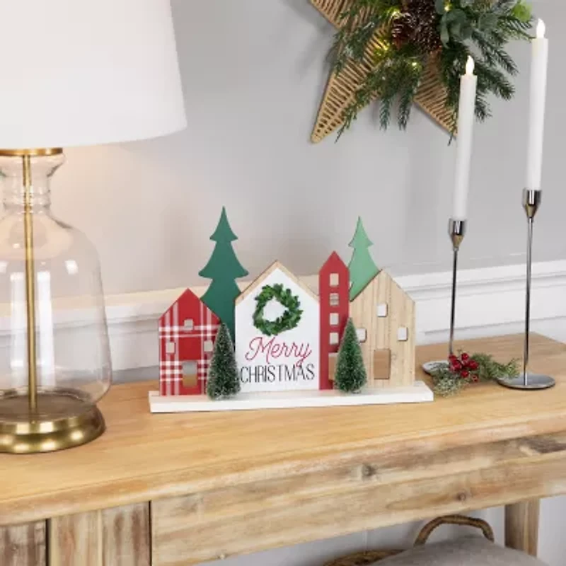Northlight Wooden "Merry" Houses With Trees - 15in - Red And Green Marquee Lights