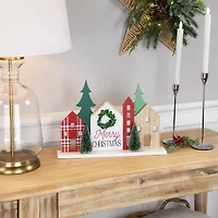Northlight Wooden "Merry" Houses With Trees - 15in - Red And Green Marquee Lights