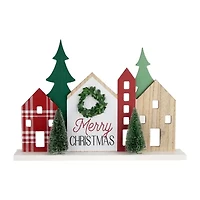 Northlight Wooden "Merry" Houses With Trees - 15in - Red And Green Marquee Lights