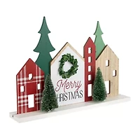 Northlight Wooden "Merry" Houses With Trees - 15in - Red And Green Marquee Lights