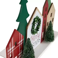 Northlight Wooden "Merry" Houses With Trees - 15in - Red And Green Marquee Lights
