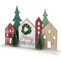 Northlight Wooden "Merry" Houses With Trees - 15in - Red And Green Marquee Lights