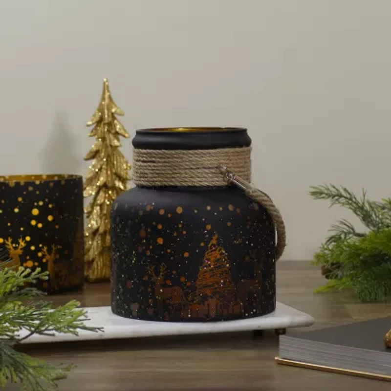 Northlight 8in Gold Deer And Pine Trees Glass Candle Holder