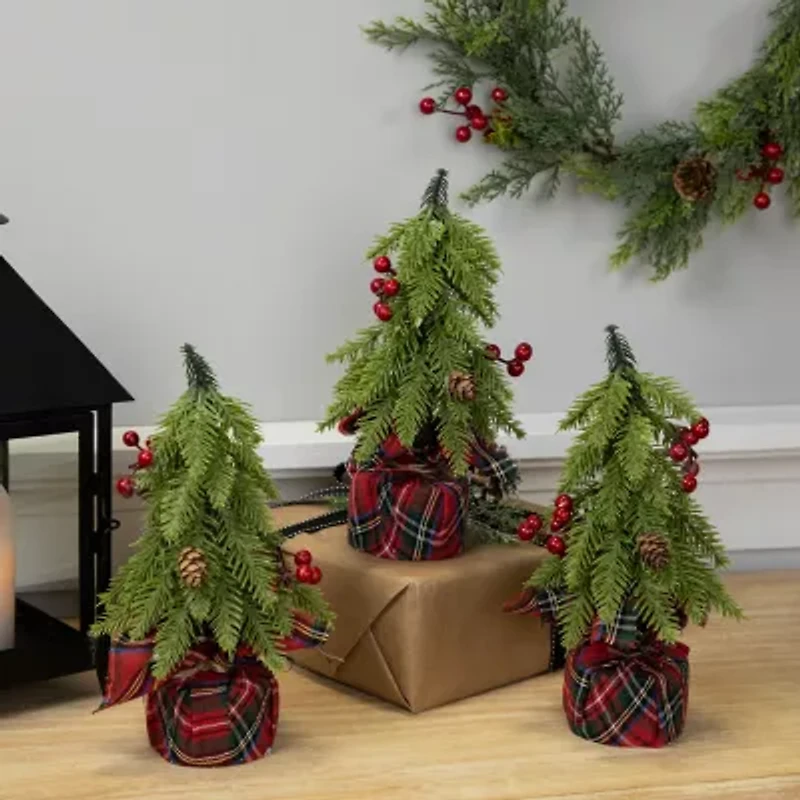 Northlight Mini Downswept Pine S With Pine Cones - 9in - Set Of 3 Pine Christmas Tree