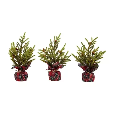 Northlight Mini Glittered Pine With Berries - 9in - Set Of 3 Pine Christmas Tree