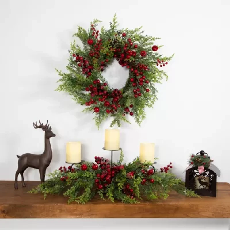 Northlight Apples And Berries Triple Pillar - 36in - Green And Red Candle Holder
