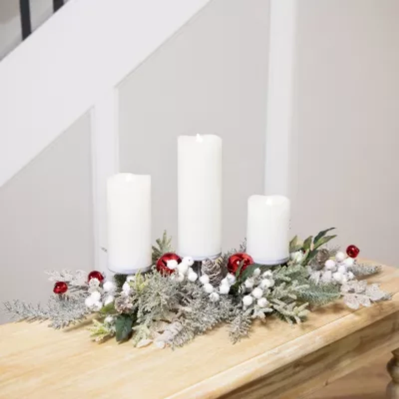 Northlight Frosted Winter Greenery And Jingle Bells Pillar - 28in Candle Holder