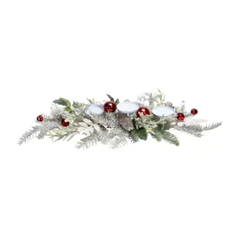 Northlight Frosted Winter Greenery And Jingle Bells Pillar - 28in Candle Holder