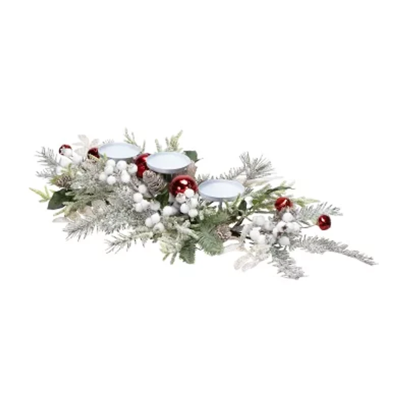 Northlight Frosted Winter Greenery And Jingle Bells Pillar - 28in Candle Holder