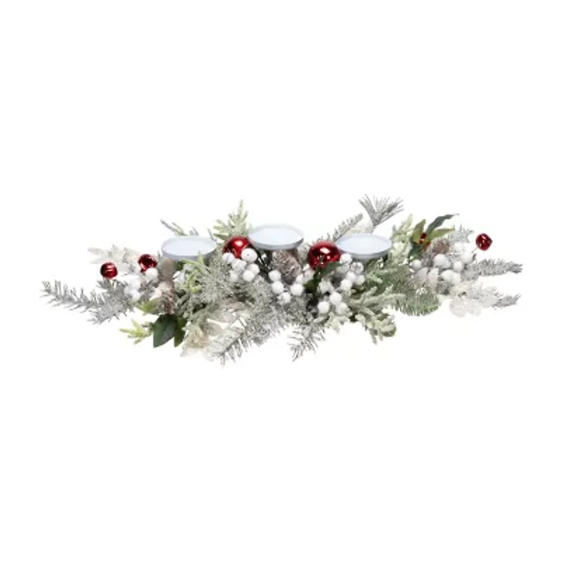 Northlight Frosted Winter Greenery And Jingle Bells Pillar - 28in Candle Holder