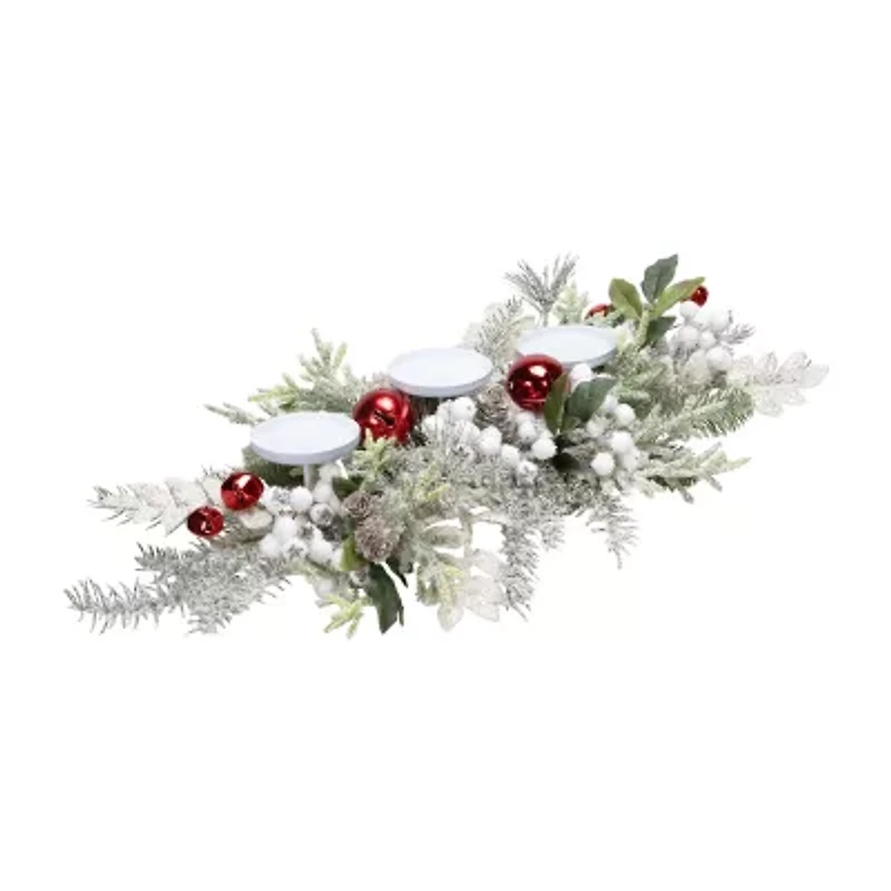 Northlight Frosted Winter Greenery And Jingle Bells Pillar - 28in Candle Holder