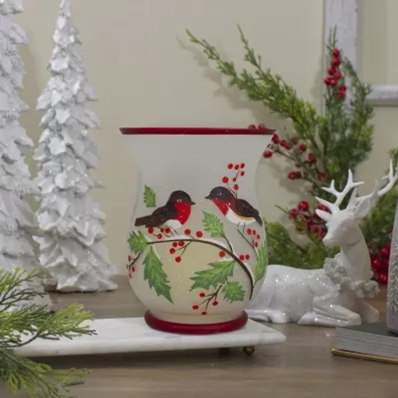 Northlight 8in Hand Painted Finches And Pine Glass Candle Holder