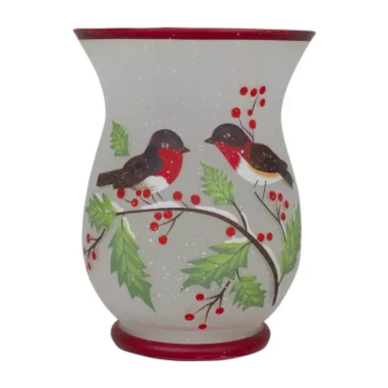 Northlight 8in Hand Painted Finches And Pine Glass Candle Holder