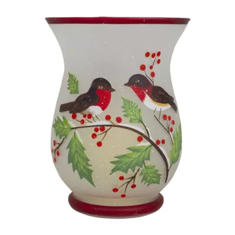 Northlight 8in Hand Painted Finches And Pine Glass Candle Holder