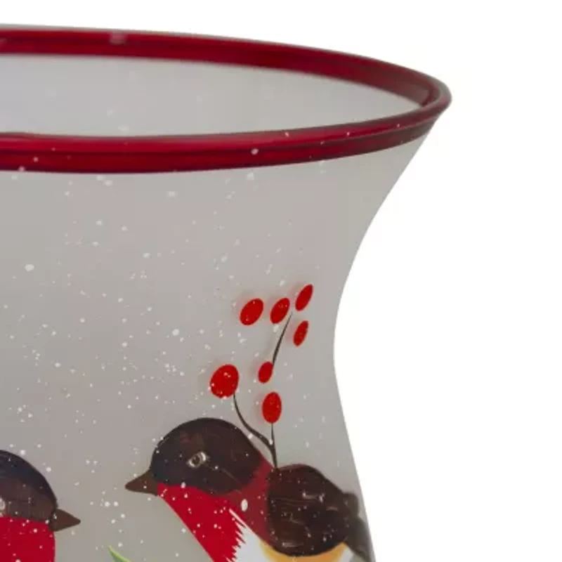 Northlight 8in Hand Painted Finches And Pine Glass Candle Holder