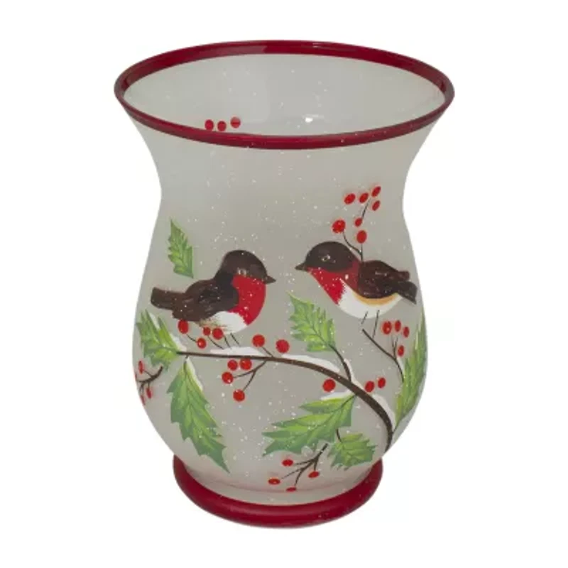 Northlight 8in Hand Painted Finches And Pine Glass Candle Holder
