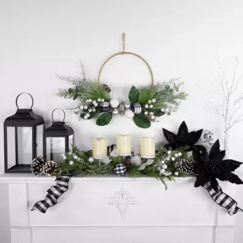 Northlight Mixed Foliage And Jingle Bell Pillar - 29in Candle Holder