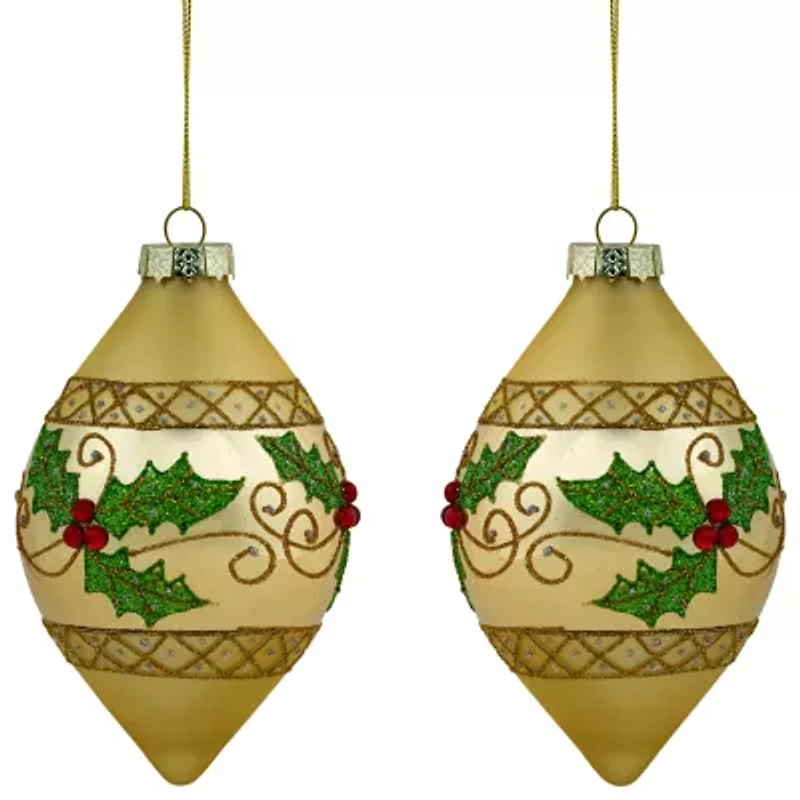 Northlight Set Of 2 Golden Glitter Holly Finial Glass 5in Christmas Ornament
