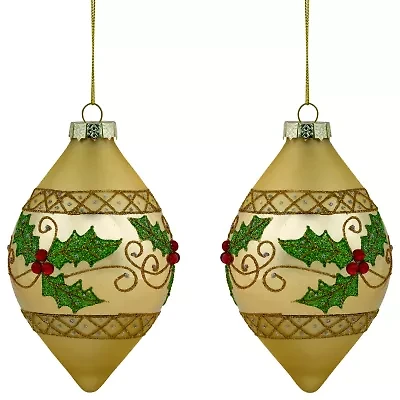 Northlight Set Of 2 Golden Glitter Holly Finial Glass 5in Christmas Ornament