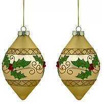 Northlight Set Of 2 Golden Glitter Holly Finial Glass 5in Christmas Ornament