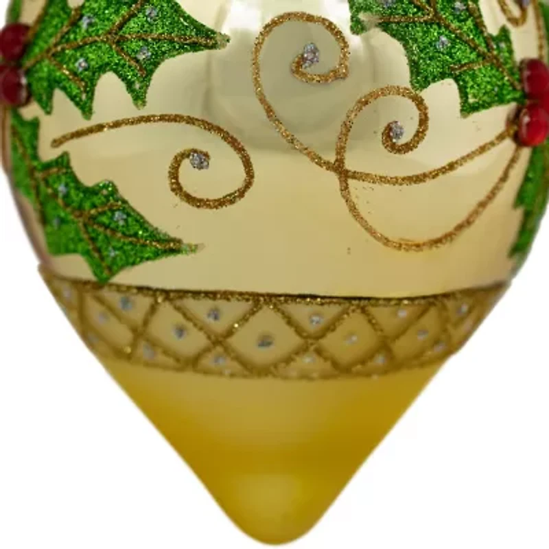 Northlight Set Of 2 Golden Glitter Holly Finial Glass 5in Christmas Ornament
