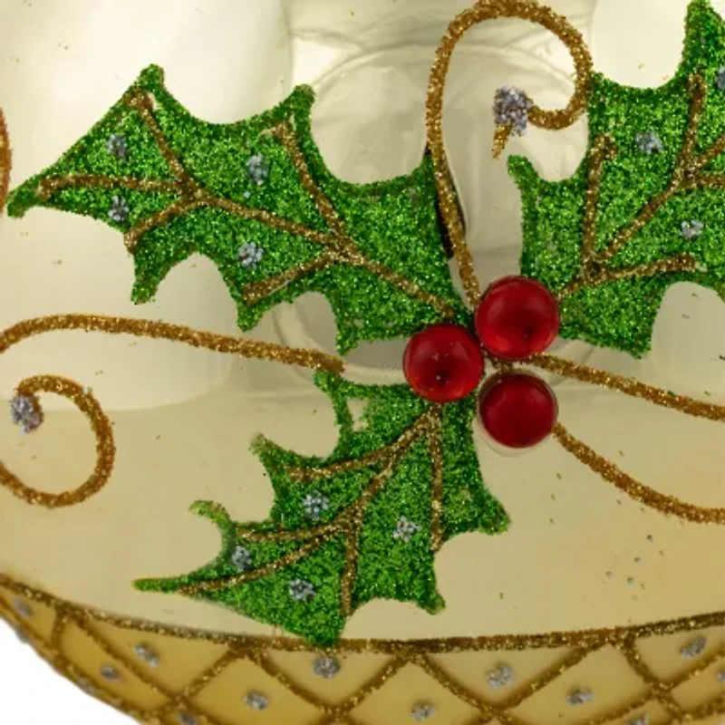 Northlight Set Of 2 Golden Glitter Holly Finial Glass 5in Christmas Ornament