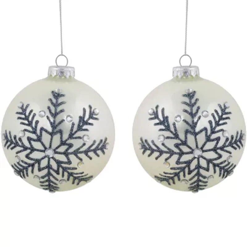 Northlight Set Of 2 Shiny Pearl White Glittered Snowflake Glass Ball 4in Christmas Ornament