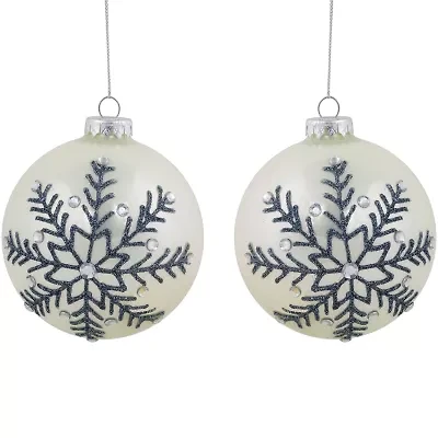 Northlight Set Of 2 Shiny Pearl White Glittered Snowflake Glass Ball 4in Christmas Ornament