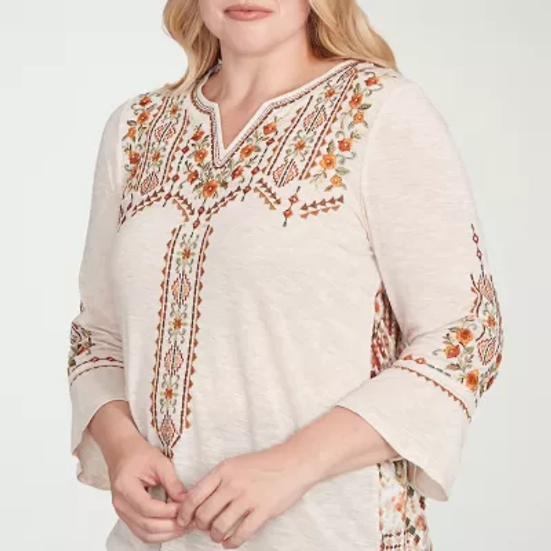 Alfred Dunner Mount Laurel Womens Split Crew Neck 3/4 Sleeve T-Shirt
