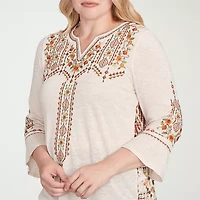 Alfred Dunner Mount Laurel Womens Split Crew Neck 3/4 Sleeve T-Shirt