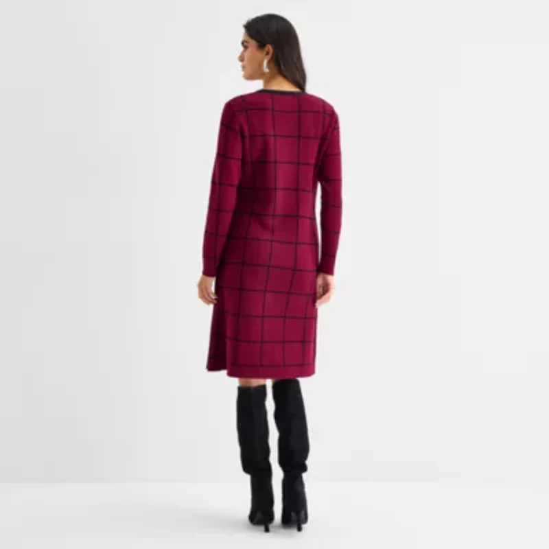 Studio 1 Womens Long Sleeve Windowpane Faux-Jacket Sweater Dress