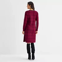 Studio 1 Womens Long Sleeve Windowpane Faux-Jacket Sweater Dress