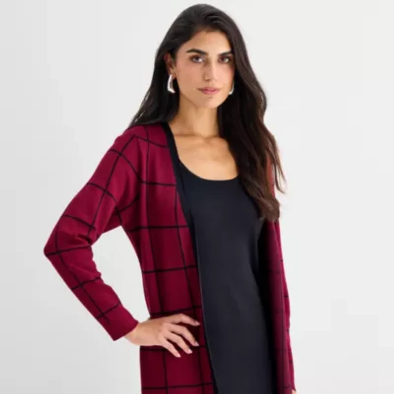 Studio 1 Womens Long Sleeve Windowpane Faux-Jacket Sweater Dress