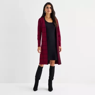 Studio 1 Womens Long Sleeve Windowpane Faux-Jacket Sweater Dress