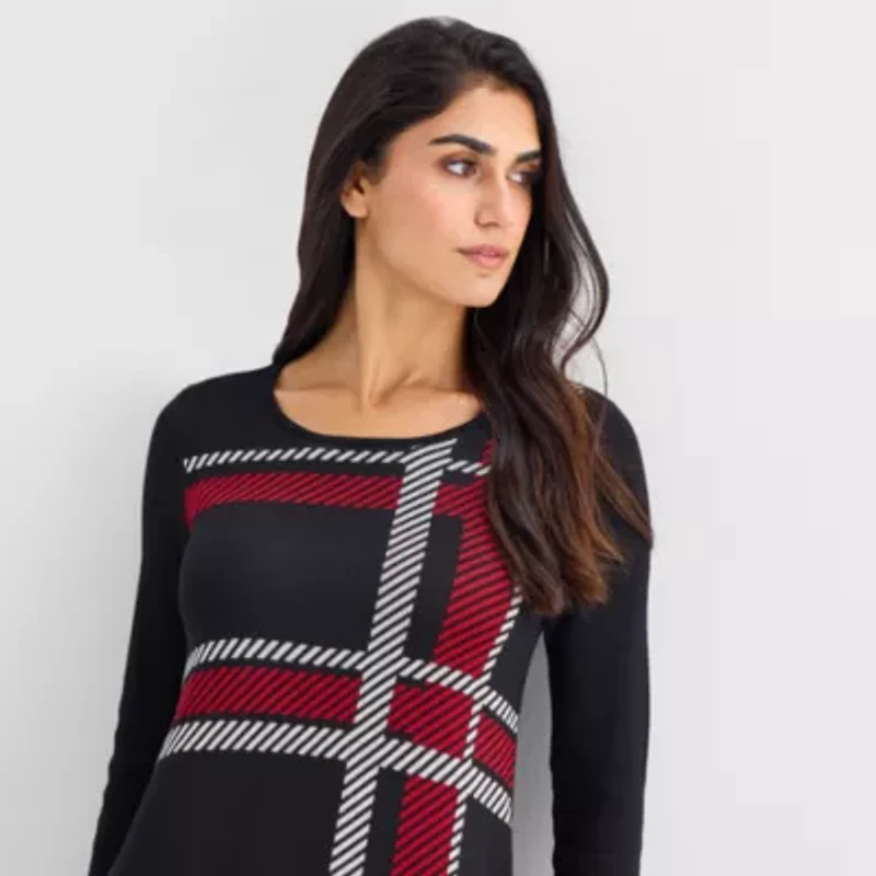 Studio 1 Womens 3/4 Sleeve Plaid Sweater Dress