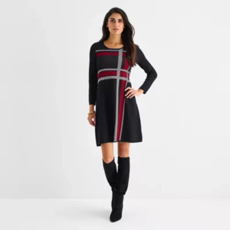Studio 1 Womens 3/4 Sleeve Plaid Sweater Dress
