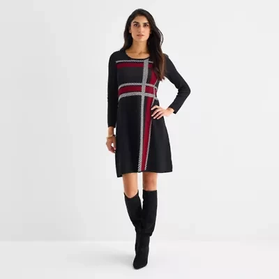 Studio 1 Womens 3/4 Sleeve Plaid Sweater Dress