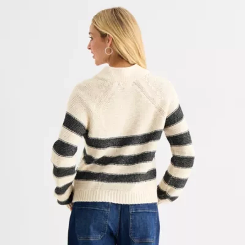 a.n.a Womens Split Crew Neck Long Sleeve Striped Pullover Sweater