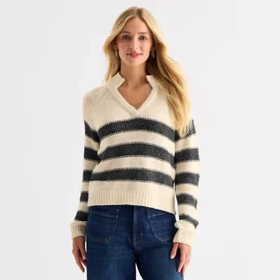 a.n.a Womens Split Crew Neck Long Sleeve Striped Pullover Sweater