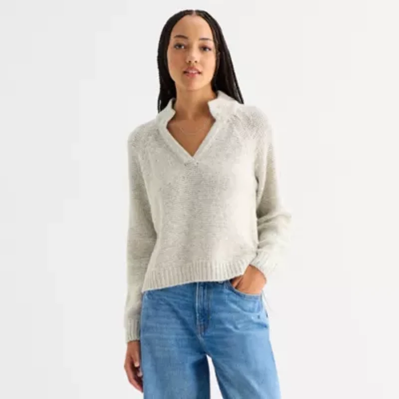 a.n.a Womens Split Crew Neck Long Sleeve Striped Pullover Sweater