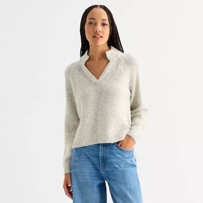 a.n.a Womens Split Crew Neck Long Sleeve Striped Pullover Sweater