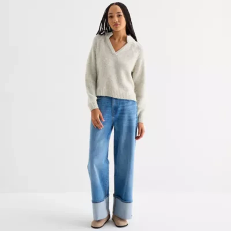 a.n.a Womens Split Crew Neck Long Sleeve Striped Pullover Sweater