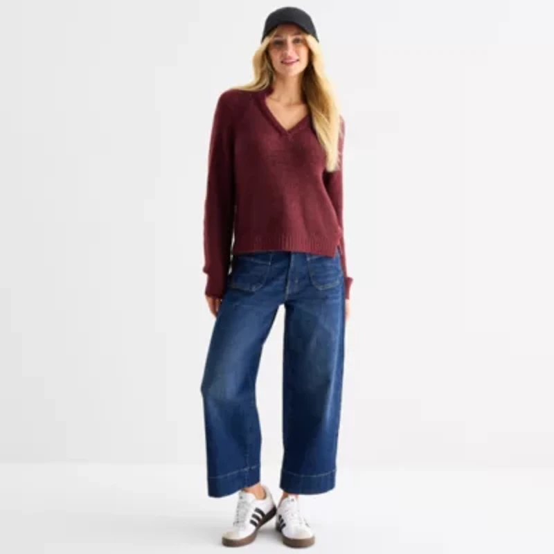 a.n.a Womens Split Crew Neck Long Sleeve Striped Pullover Sweater