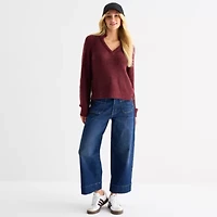 a.n.a Womens Split Crew Neck Long Sleeve Striped Pullover Sweater