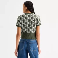 a.n.a Womens Crew Neck Short Sleeve Button Geometric Cardigan