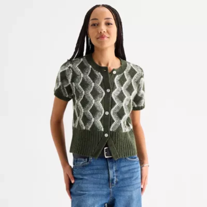 a.n.a Womens Crew Neck Short Sleeve Button Geometric Cardigan