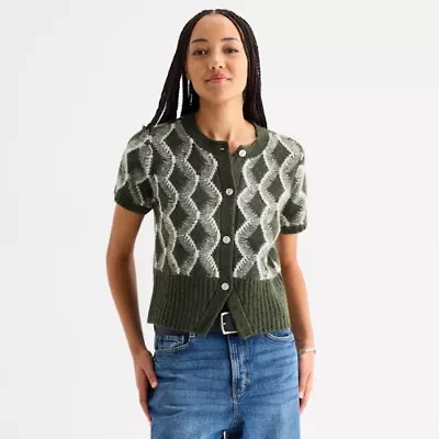 a.n.a Womens Crew Neck Short Sleeve Button Geometric Cardigan