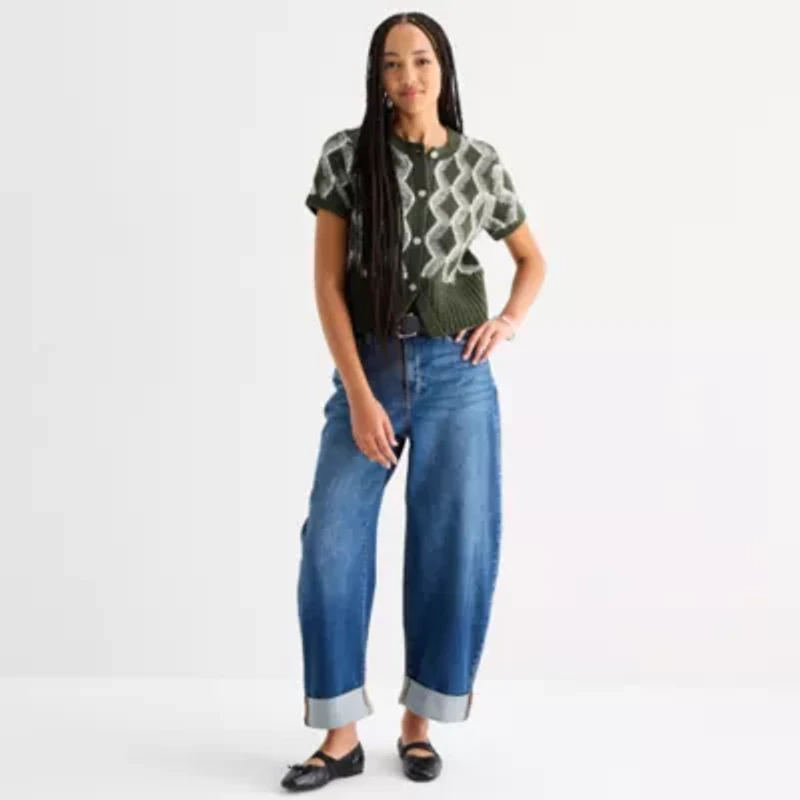 a.n.a Womens Crew Neck Short Sleeve Button Geometric Cardigan